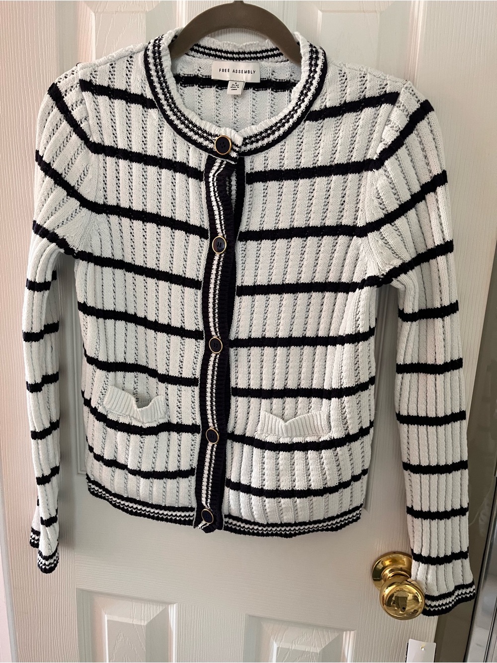 Small Free Assembly White and Dark Navy Striped Button-Front Cardigan